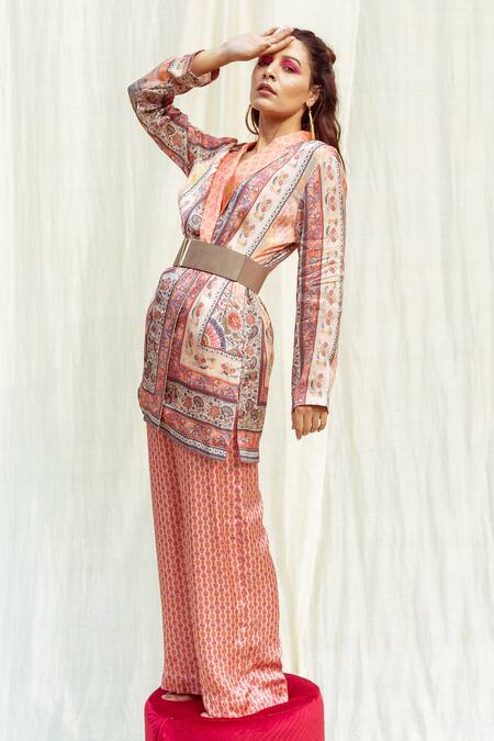 Shop The Boozy Button Multi Color Silk Collared Floral Stripe Print Jacket And Pant Set Online at Aza Fashions Shop_The Boozy Button_Multi Color Silk Collared Floral Stripe Print Jacket And Pant Set_Online_at_Aza_Fashions