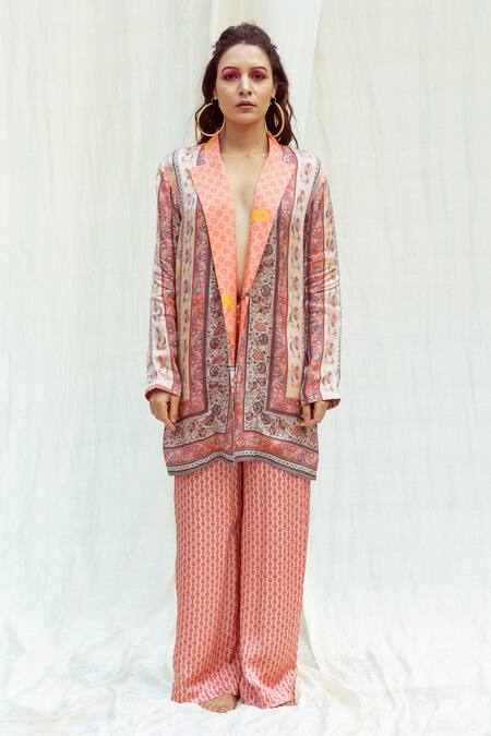 The Boozy Button Multi Color Silk Collared Floral Stripe Print Jacket And Pant Set at Aza Fashions The Boozy Button_Multi Color Silk Collared Floral Stripe Print Jacket And Pant Set_at_Aza_Fashions