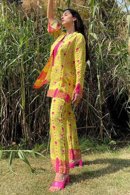 The Boozy Button_Multi Color Silk Embroidery Collared Moroccan Print Wrap Top And Pant Set_Online_at_Aza_Fashions