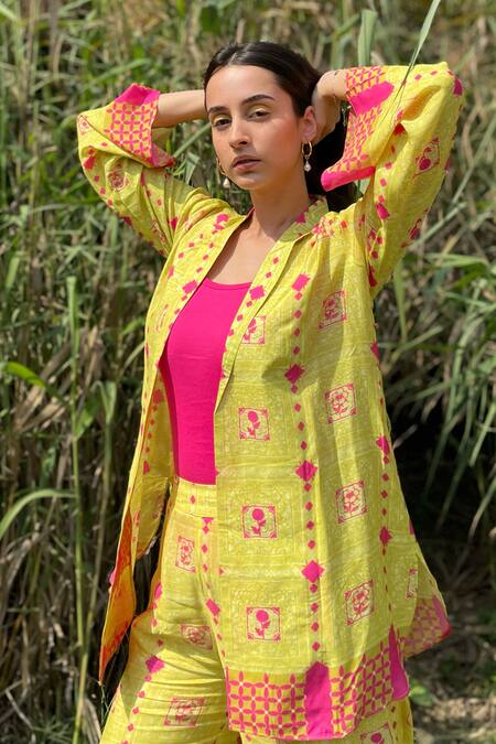 Buy_The Boozy Button_Multi Color Silk Embroidery Collared Moroccan Print Wrap Top And Pant Set_Online_at_Aza_Fashions