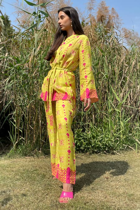 Shop_The Boozy Button_Multi Color Silk Embroidery Collared Moroccan Print Wrap Top And Pant Set_Online_at_Aza_Fashions