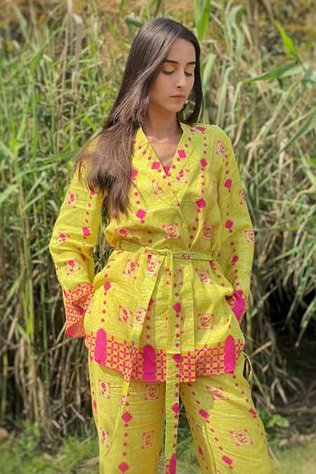 The Boozy Button_Multi Color Silk Embroidery Collared Moroccan Print Wrap Top And Pant Set_at_Aza_Fashions