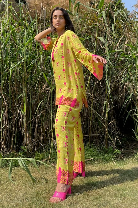 Buy_The Boozy Button_Multi Color Silk Embroidery Collared Moroccan Print Wrap Top And Pant Set