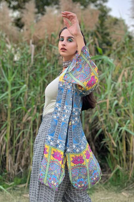 The Boozy Button Multi Color Silk Collared Tiles Print Wrap Top And Pant Set Online at Aza Fashions The Boozy Button_Multi Color Silk Collared Tiles Print Wrap Top And Pant Set_Online_at_Aza_Fashions