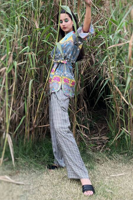 Shop The Boozy Button Multi Color Silk Collared Tiles Print Wrap Top And Pant Set Online at Aza Fashions Shop_The Boozy Button_Multi Color Silk Collared Tiles Print Wrap Top And Pant Set_Online_at_Aza_Fashions