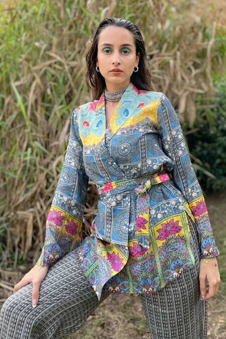 The Boozy Button Multi Color Silk Collared Tiles Print Wrap Top And Pant Set at Aza Fashions The Boozy Button_Multi Color Silk Collared Tiles Print Wrap Top And Pant Set_at_Aza_Fashions