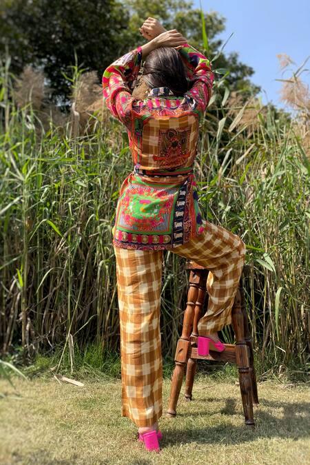 Shop The Boozy Button Multi Color Silk Embroidery Collared Pop Art Print Wrap Top And Pant Set at Aza Fashions Shop_The Boozy Button_Multi Color Silk Embroidery Collared Pop Art Print Wrap Top And Pant Set_at_Aza_Fashions