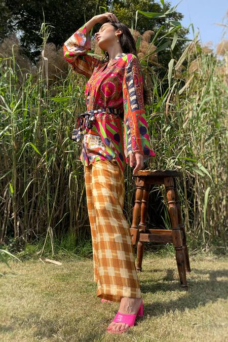 The Boozy Button Multi Color Silk Embroidery Collared Pop Art Print Wrap Top And Pant Set Online at Aza Fashions The Boozy Button_Multi Color Silk Embroidery Collared Pop Art Print Wrap Top And Pant Set_Online_at_Aza_Fashions