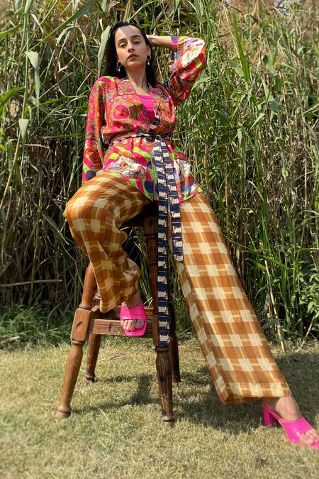 Buy The Boozy Button Multi Color Silk Embroidery Collared Pop Art Print Wrap Top And Pant Set Online at Aza Fashions Buy_The Boozy Button_Multi Color Silk Embroidery Collared Pop Art Print Wrap Top And Pant Set_Online_at_Aza_Fashions