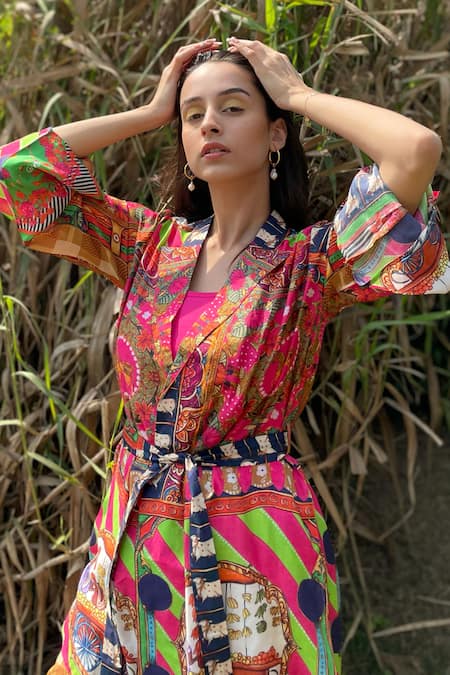 Shop The Boozy Button Multi Color Silk Embroidery Collared Pop Art Print Wrap Top And Pant Set Online at Aza Fashions Shop_The Boozy Button_Multi Color Silk Embroidery Collared Pop Art Print Wrap Top And Pant Set_Online_at_Aza_Fashions