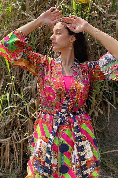 The Boozy Button Multi Color Silk Embroidery Collared Pop Art Print Wrap Top And Pant Set at Aza Fashions The Boozy Button_Multi Color Silk Embroidery Collared Pop Art Print Wrap Top And Pant Set_at_Aza_Fashions