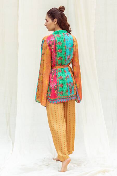 Shop The Boozy Button Multi Color Silk Collared Ditsy Print Wrap Top And Pant Set at Aza Fashions Shop_The Boozy Button_Multi Color Silk Collared Ditsy Print Wrap Top And Pant Set_at_Aza_Fashions