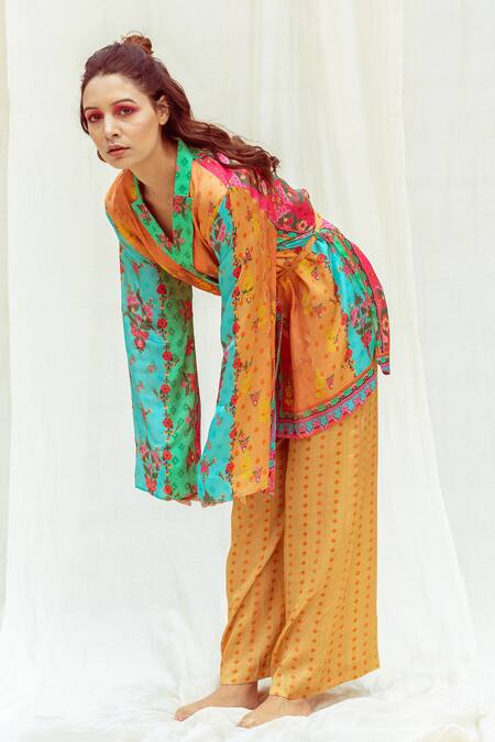 The Boozy Button Multi Color Silk Collared Ditsy Print Wrap Top And Pant Set Online at Aza Fashions The Boozy Button_Multi Color Silk Collared Ditsy Print Wrap Top And Pant Set_Online_at_Aza_Fashions
