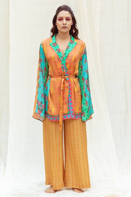 Buy The Boozy Button Multi Color Silk Collared Ditsy Print Wrap Top And Pant Set Online at Aza Fashions Buy_The Boozy Button_Multi Color Silk Collared Ditsy Print Wrap Top And Pant Set_Online_at_Aza_Fashions