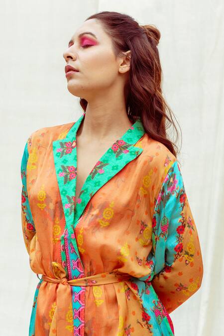 Shop The Boozy Button Multi Color Silk Collared Ditsy Print Wrap Top And Pant Set Online at Aza Fashions Shop_The Boozy Button_Multi Color Silk Collared Ditsy Print Wrap Top And Pant Set_Online_at_Aza_Fashions