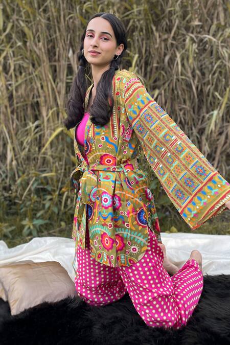 The Boozy Button_Multi Color Silk Collared Floral Doodle Print Top And Pant Set_Online_at_Aza_Fashions