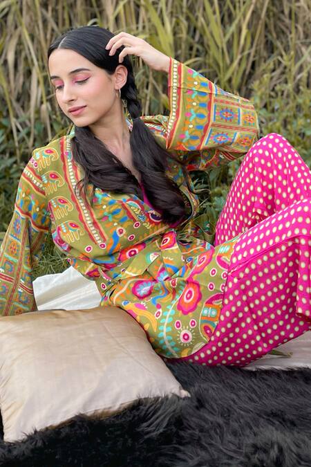 Buy_The Boozy Button_Multi Color Silk Collared Floral Doodle Print Top And Pant Set_Online_at_Aza_Fashions
