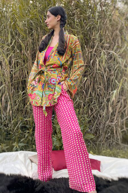 Shop_The Boozy Button_Multi Color Silk Collared Floral Doodle Print Top And Pant Set_Online_at_Aza_Fashions