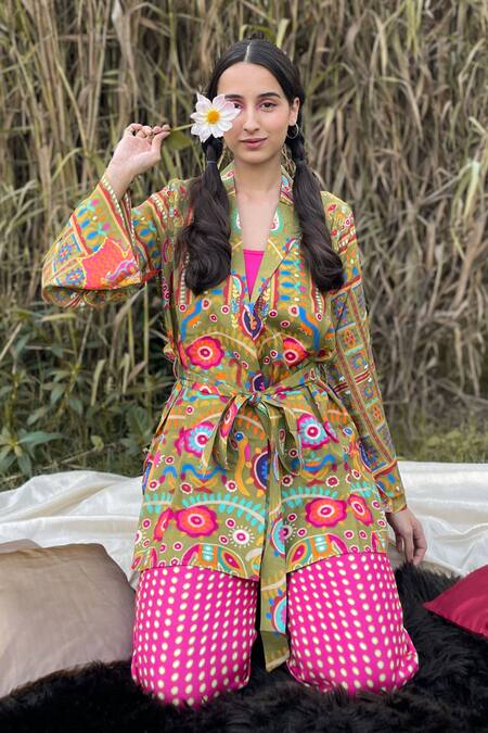 The Boozy Button_Multi Color Silk Collared Floral Doodle Print Top And Pant Set_at_Aza_Fashions