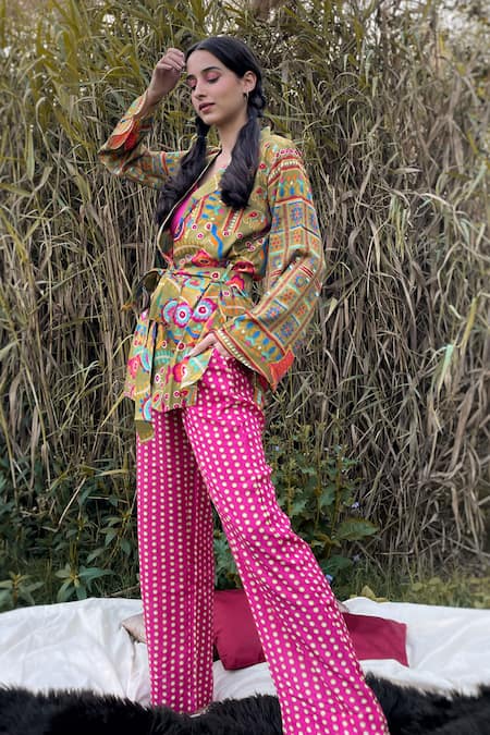 Buy_The Boozy Button_Multi Color Silk Collared Floral Doodle Print Top And Pant Set