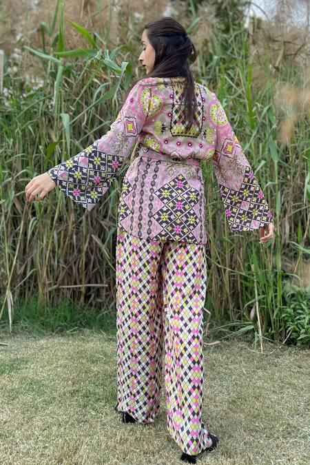 Shop The Boozy Button Multi Color Silk Embroidery Collared Moroccan Print Top And Pant Set at Aza Fashions Shop_The Boozy Button_Multi Color Silk Embroidery Collared Moroccan Print Top And Pant Set_at_Aza_Fashions