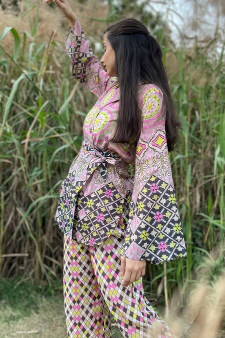 The Boozy Button Multi Color Silk Embroidery Collared Moroccan Print Top And Pant Set Online at Aza Fashions The Boozy Button_Multi Color Silk Embroidery Collared Moroccan Print Top And Pant Set_Online_at_Aza_Fashions