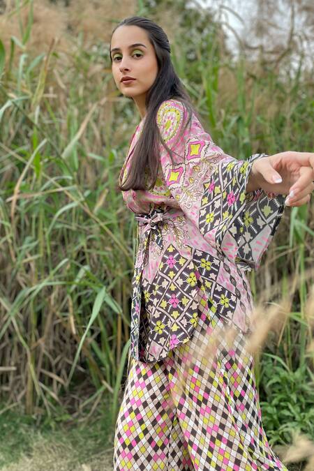 Buy The Boozy Button Multi Color Silk Embroidery Collared Moroccan Print Top And Pant Set Online at Aza Fashions Buy_The Boozy Button_Multi Color Silk Embroidery Collared Moroccan Print Top And Pant Set_Online_at_Aza_Fashions