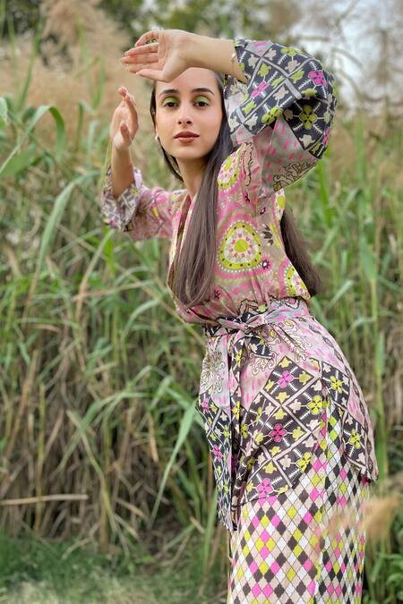 Shop The Boozy Button Multi Color Silk Embroidery Collared Moroccan Print Top And Pant Set Online at Aza Fashions Shop_The Boozy Button_Multi Color Silk Embroidery Collared Moroccan Print Top And Pant Set_Online_at_Aza_Fashions