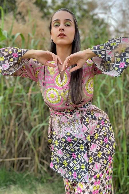 The Boozy Button Multi Color Silk Embroidery Collared Moroccan Print Top And Pant Set at Aza Fashions The Boozy Button_Multi Color Silk Embroidery Collared Moroccan Print Top And Pant Set_at_Aza_Fashions