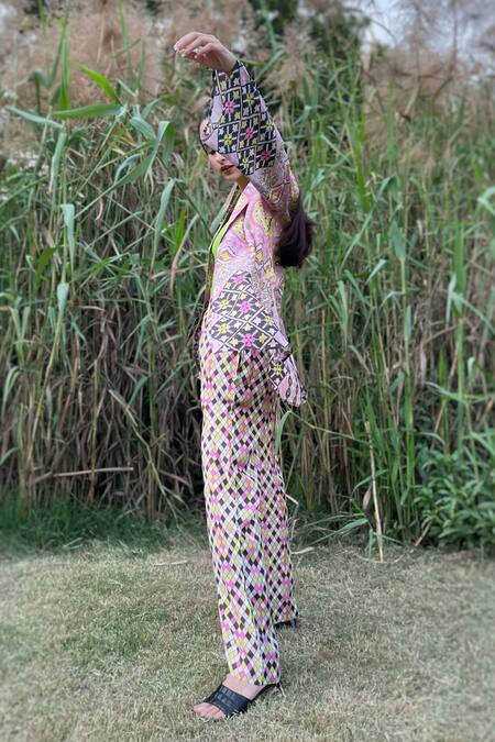 Shop The Boozy Button Multi Color Silk Embroidery Collared Moroccan Print Top And Pant Set Shop_The Boozy Button_Multi Color Silk Embroidery Collared Moroccan Print Top And Pant Set