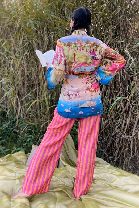 Shop The Boozy Button Multi Color Silk Collared Carnival Print Wrap Top And Pant Set at Aza Fashions Shop_The Boozy Button_Multi Color Silk Collared Carnival Print Wrap Top And Pant Set_at_Aza_Fashions