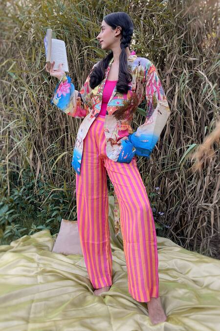 The Boozy Button Multi Color Silk Collared Carnival Print Wrap Top And Pant Set Online at Aza Fashions The Boozy Button_Multi Color Silk Collared Carnival Print Wrap Top And Pant Set_Online_at_Aza_Fashions