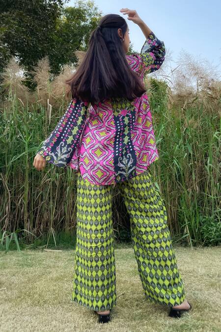 Shop The Boozy Button Multi Color Silk Collared Geometric Print Wrap Top And Pant Set at Aza Fashions Shop_The Boozy Button_Multi Color Silk Collared Geometric Print Wrap Top And Pant Set_at_Aza_Fashions