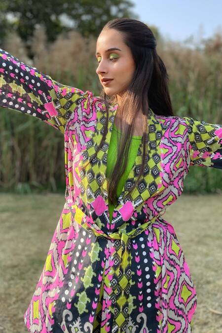 Buy The Boozy Button Multi Color Silk Collared Geometric Print Wrap Top And Pant Set Online at Aza Fashions Buy_The Boozy Button_Multi Color Silk Collared Geometric Print Wrap Top And Pant Set_Online_at_Aza_Fashions