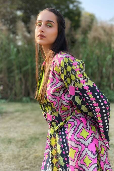 The Boozy Button Multi Color Silk Collared Geometric Print Wrap Top And Pant Set at Aza Fashions The Boozy Button_Multi Color Silk Collared Geometric Print Wrap Top And Pant Set_at_Aza_Fashions