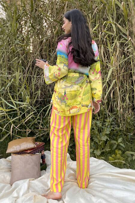 Shop The Boozy Button Multi Color Silk Collared Carnival Print Top And Pant Set at Aza Fashions Shop_The Boozy Button_Multi Color Silk Collared Carnival Print Top And Pant Set_at_Aza_Fashions