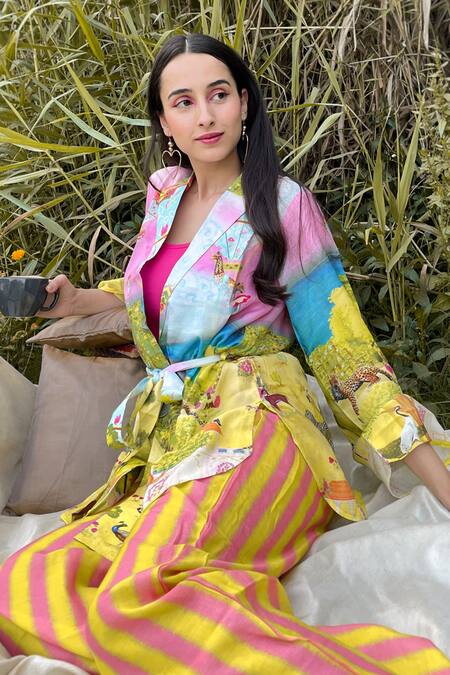 Buy The Boozy Button Multi Color Silk Collared Carnival Print Top And Pant Set Online at Aza Fashions Buy_The Boozy Button_Multi Color Silk Collared Carnival Print Top And Pant Set_Online_at_Aza_Fashions