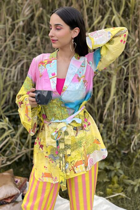 Shop The Boozy Button Multi Color Silk Collared Carnival Print Top And Pant Set Online at Aza Fashions Shop_The Boozy Button_Multi Color Silk Collared Carnival Print Top And Pant Set_Online_at_Aza_Fashions