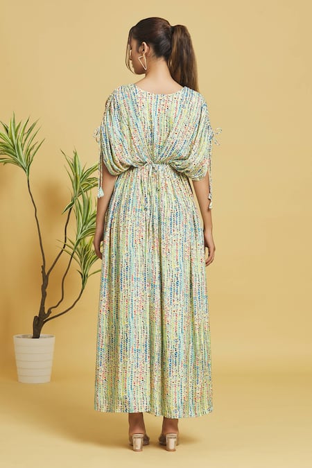 Shop Samyukta Singhania Green Muslin, Linen Crystals Round Neck Abstract Pattern Draped Bodice Dress at Aza Fashions Shop_Samyukta Singhania_Green Muslin, Linen Crystals Round Neck Abstract Pattern Draped Bodice Dress_at_Aza_Fashions