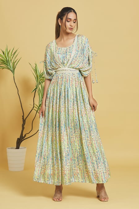 Samyukta Singhania Green Muslin, Linen Crystals Round Neck Abstract Pattern Draped Bodice Dress Online at Aza Fashions Samyukta Singhania_Green Muslin, Linen Crystals Round Neck Abstract Pattern Draped Bodice Dress_Online_at_Aza_Fashions