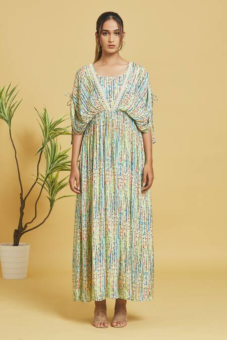 Shop Samyukta Singhania Green Muslin, Linen Crystals Round Neck Abstract Pattern Draped Bodice Dress Online at Aza Fashions Shop_Samyukta Singhania_Green Muslin, Linen Crystals Round Neck Abstract Pattern Draped Bodice Dress_Online_at_Aza_Fashions