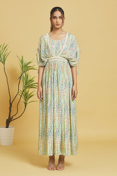 Samyukta Singhania Green Muslin, Linen Crystals Round Neck Abstract Pattern Draped Bodice Dress at Aza Fashions Samyukta Singhania_Green Muslin, Linen Crystals Round Neck Abstract Pattern Draped Bodice Dress_at_Aza_Fashions