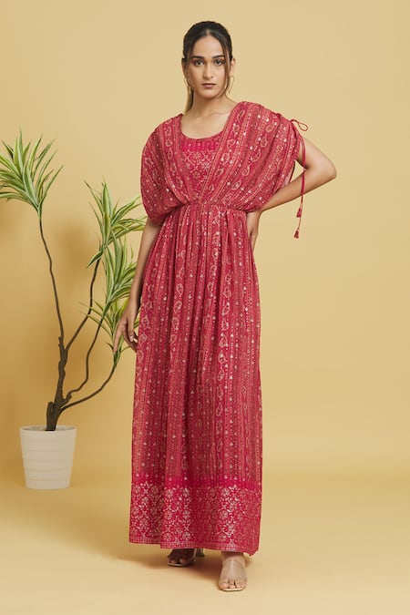 Shop Khwaab By Sanjana Lakhani Orange Viscose, Georgette, Crepe Sequins Round Neck Embellished Dress Online at Aza Fashions Shop_Khwaab By Sanjana Lakhani_Orange Viscose, Georgette, Crepe Sequins Round Neck Embellished Dress_Online_at_Aza_Fashions