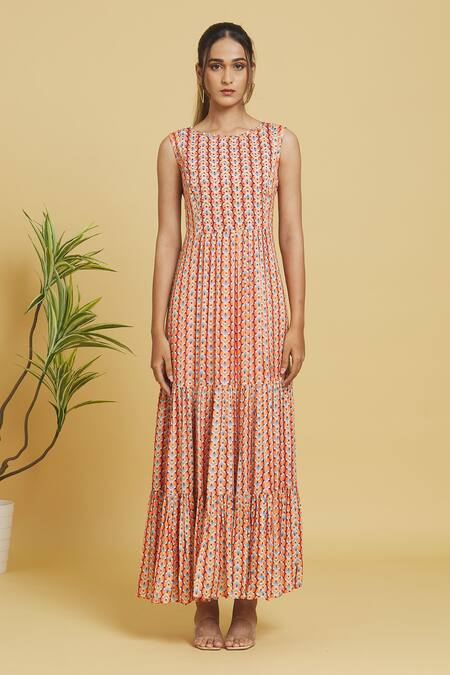 Samyukta Singhania Orange Chiffon Round Neck Floral Patterned Gathered Tunic Online at Aza Fashions Samyukta Singhania_Orange Chiffon Round Neck Floral Patterned Gathered Tunic_Online_at_Aza_Fashions