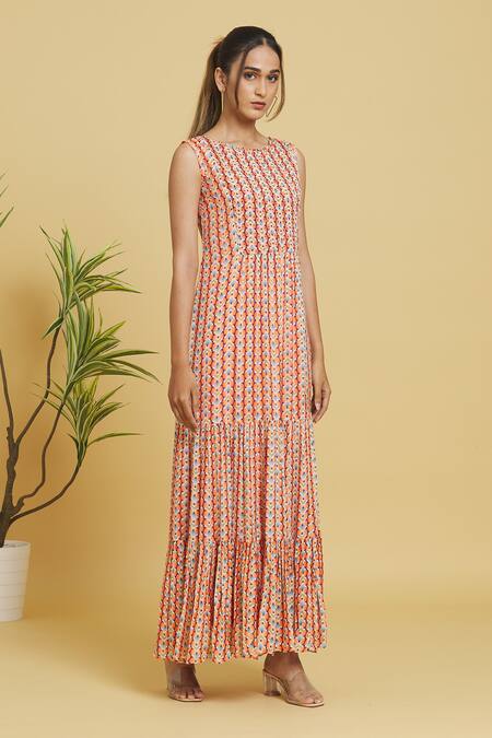 Buy Samyukta Singhania Orange Chiffon Round Neck Floral Patterned Gathered Tunic Online at Aza Fashions Buy_Samyukta Singhania_Orange Chiffon Round Neck Floral Patterned Gathered Tunic_Online_at_Aza_Fashions