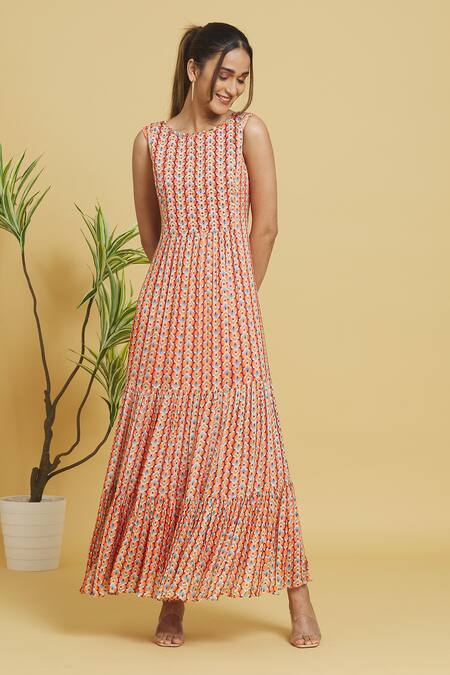 Shop Samyukta Singhania Orange Chiffon Round Neck Floral Patterned Gathered Tunic Online at Aza Fashions Shop_Samyukta Singhania_Orange Chiffon Round Neck Floral Patterned Gathered Tunic_Online_at_Aza_Fashions