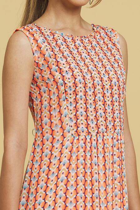 Samyukta Singhania Orange Chiffon Round Neck Floral Patterned Gathered Tunic at Aza Fashions Samyukta Singhania_Orange Chiffon Round Neck Floral Patterned Gathered Tunic_at_Aza_Fashions