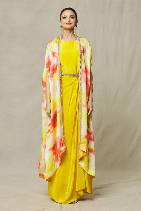Samyukta Singhania_Yellow Crepe, Satin Beads Boat Neck Sleeveless Gown With Abstract Print Cape_Online_at_Aza_Fashions