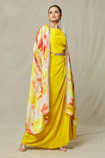 Buy_Samyukta Singhania_Yellow Crepe, Satin Beads Boat Neck Sleeveless Gown With Abstract Print Cape_Online_at_Aza_Fashions