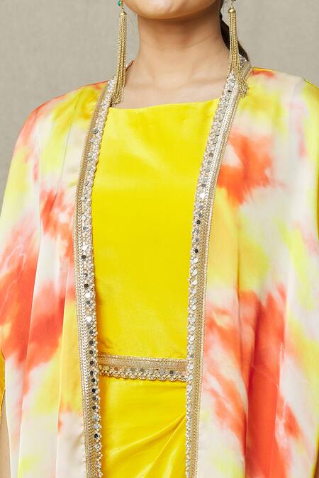 Shop_Samyukta Singhania_Yellow Crepe, Satin Beads Boat Neck Sleeveless Gown With Abstract Print Cape_Online_at_Aza_Fashions